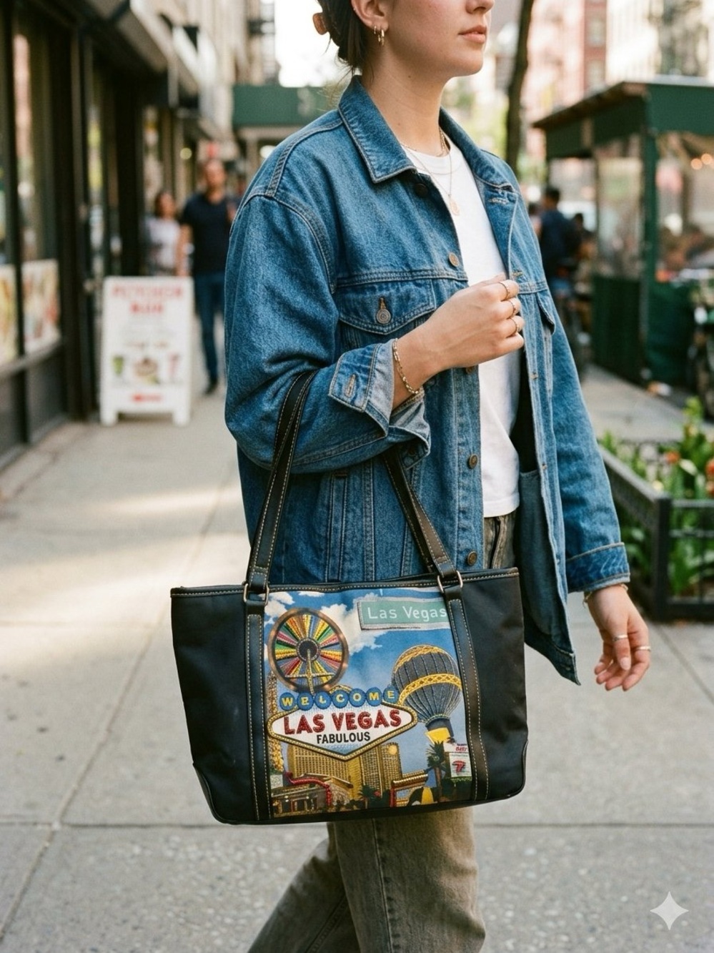 Black Las Vegas Graphic Tote Bag - Stylish Everyday Shoulder Bag